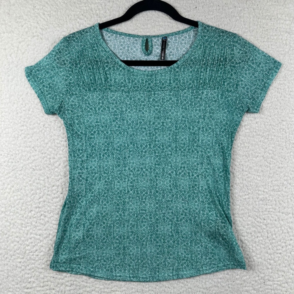 KUHL Short Sleeve Top Womens Pintuck Geometric Print S Green Gorpcore Outdoor